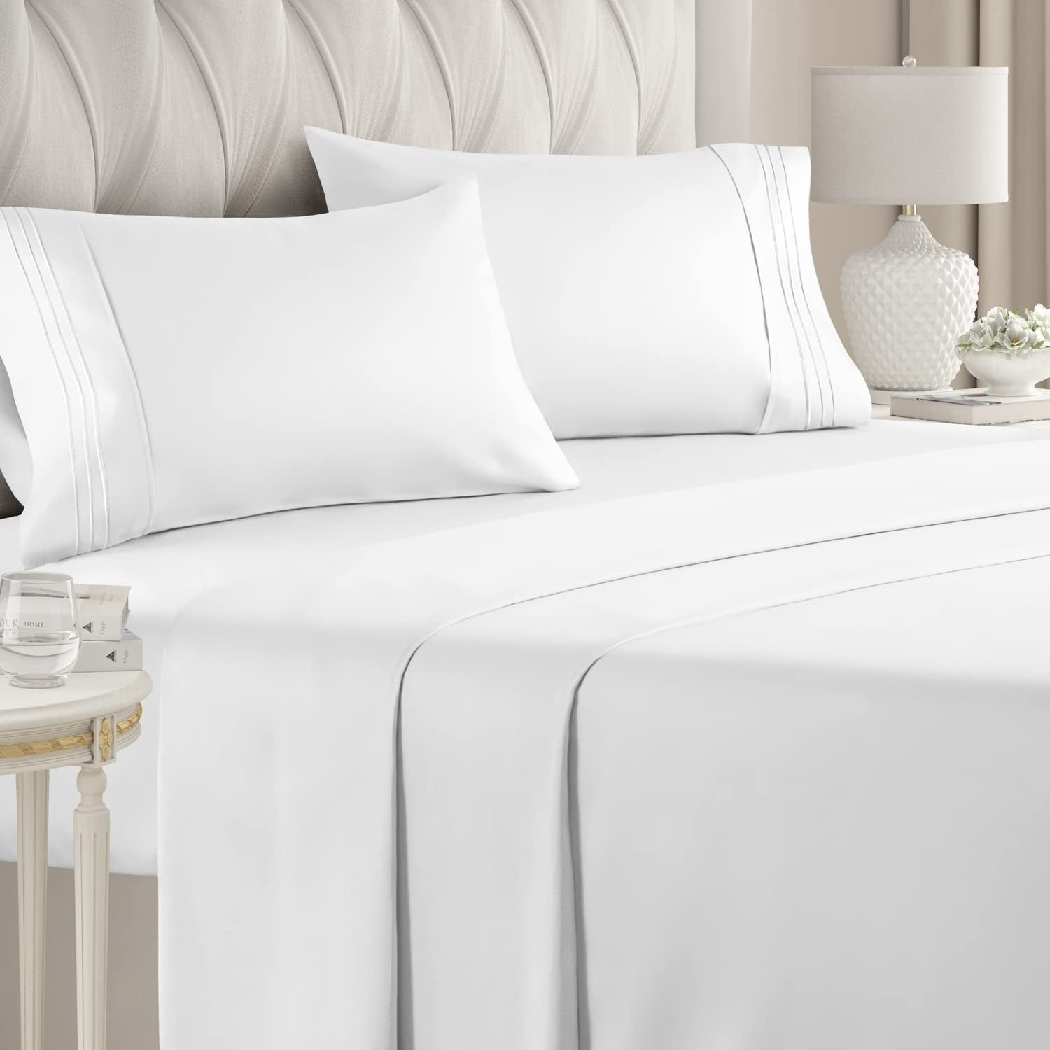 CGK-Linens-4-Piece-Microfiber-Sheet-Set-Full-White_542b9b50-73a8-4ffd-b950-844c481e3f26.6cb041aad7eeeccc413f054874f3f8db 4-Piece Ultra Soft & Comfy Hotel Luxury Sheet Set - Full Size Cooling Bed Sheet Fits 8"-16" Mattresses, White