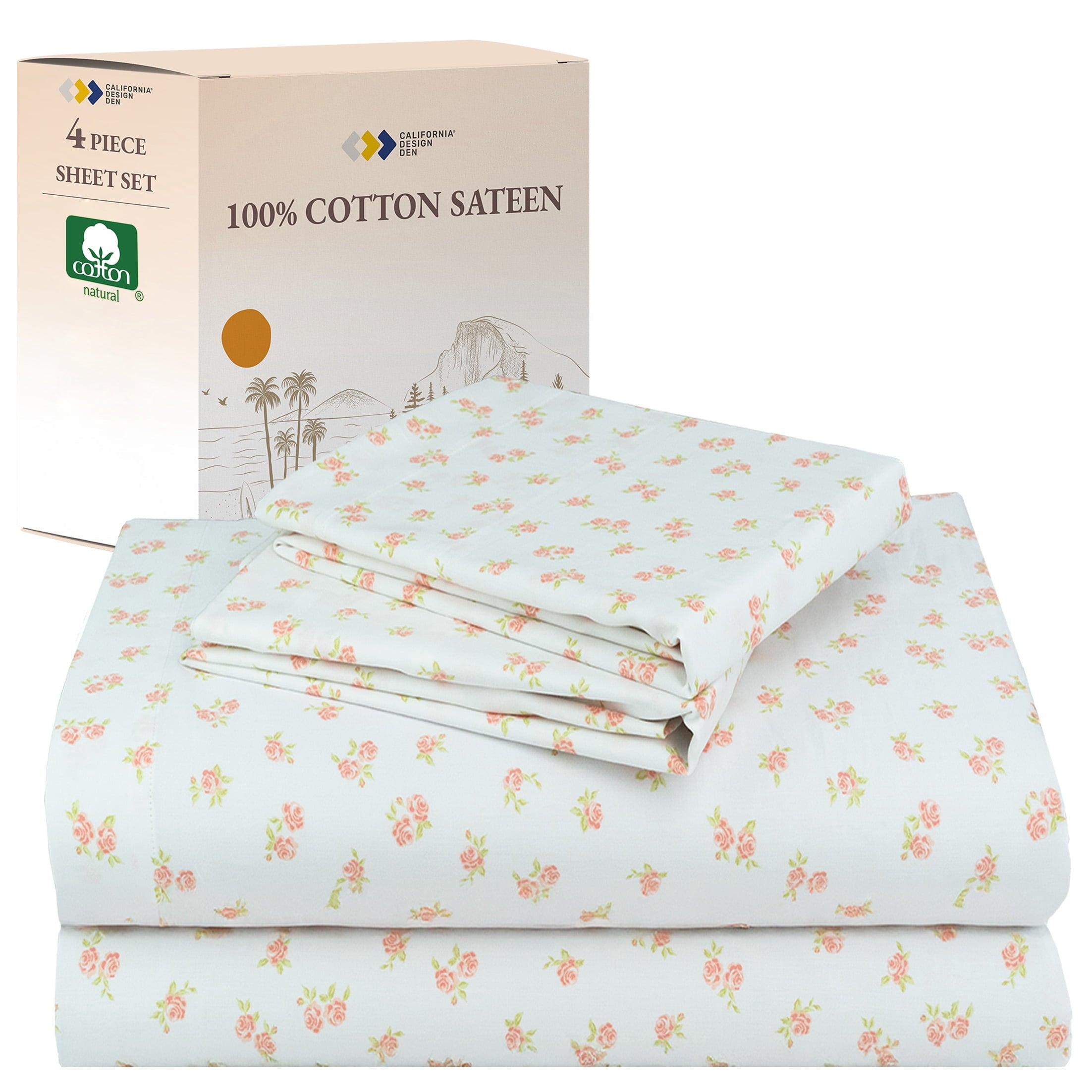 California-Design-Den-4-Piece-Printed-Floral-Bed-Sheets-Queen-Size-Set-100-Cotton-Sheets-Queen-Soft-Sateen-Bedsheets-Deep-Pocket-Queen-Sheets-Chic-Fl_017568d7-9dd0-45dc-ab77-c434e8379 4 Piece Printed Floral Bed Sheets Queen Size Set - 100% Cotton Sheets Queen, Soft Sateen Bedsheets, Deep Pocket Queen...